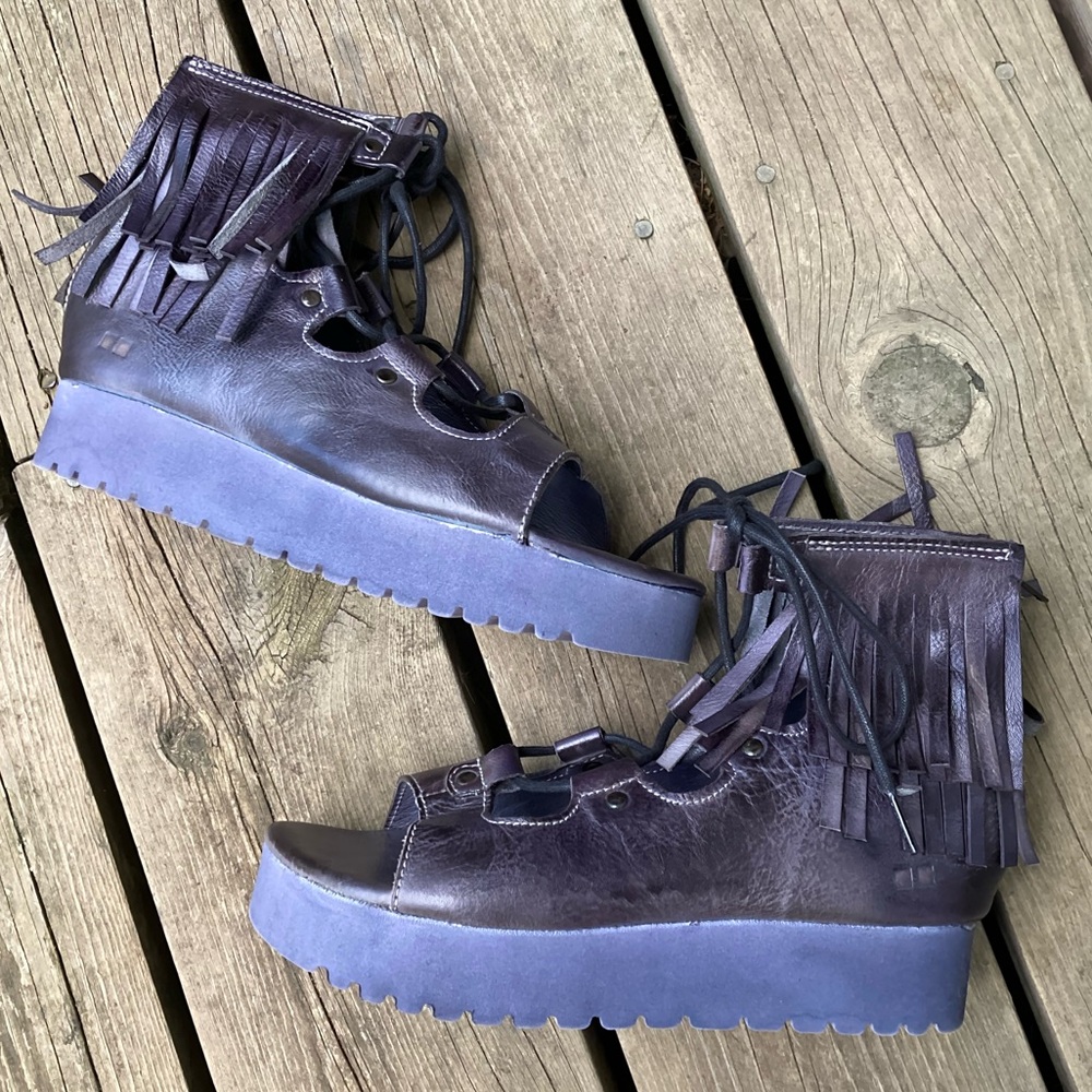 Rare BED STU Sandals MADISON Zip Fringe Gray Blue Purple Leather Size 7.5
